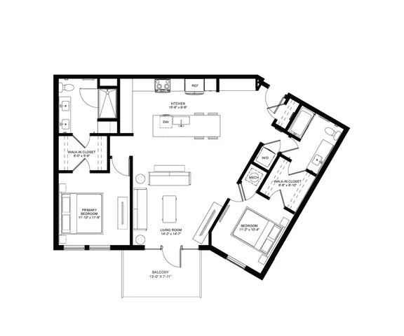 Modern floor plan featuring 2 bedrooms with walk-in closets, spacious kitchen, open living room, and private balcony.