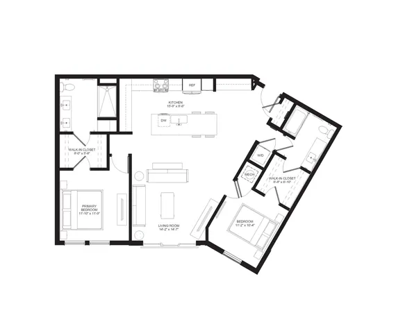 Modern floor plan showcasing a spacious living room, contemporary kitchen with island, two bedrooms each with walk-in closets, and two elegant bathrooms.