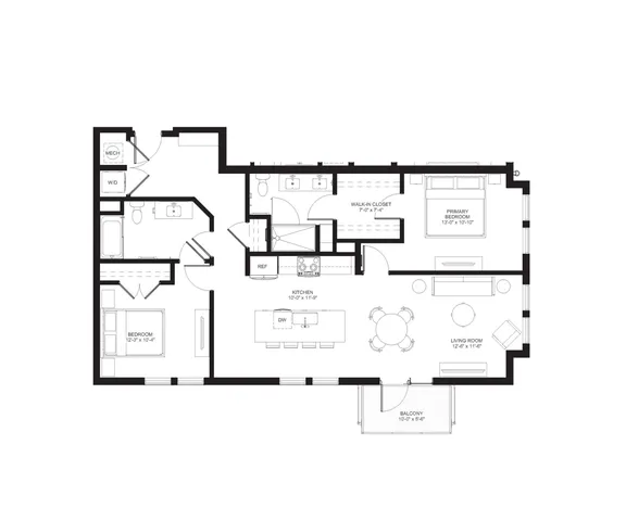 Elegant floor plan showcasing a spacious layout with 2 bedrooms, a primary with walk-in closet, modern kitchen, stylish living room, and cozy balcony.
