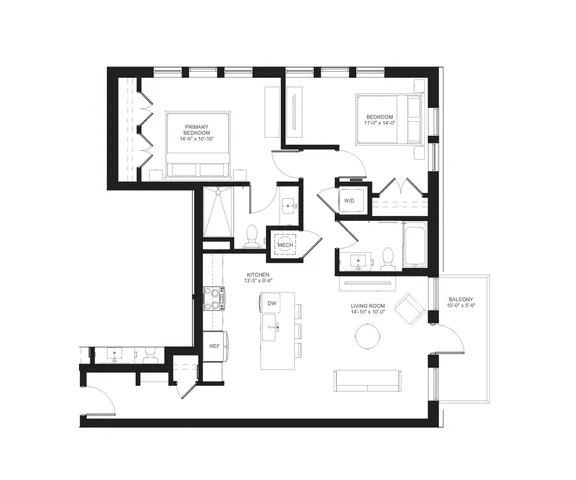 Modern floor plan showcasing a 2-bedroom apartment with open-concept living and kitchen areas, featuring a private balcony and ample storage.