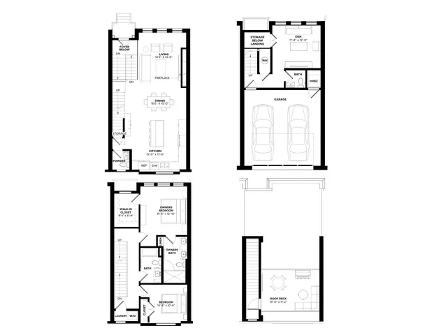 Modern multi-story floor plan showcasing 2 bedrooms, spacious living and dining areas, functional kitchen, cozy den, convenient laundry, dual garage, and an inviting roof deck.