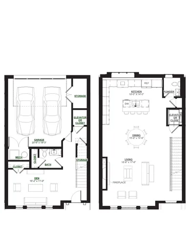Modern floor plan showcasing a spacious 2-car garage, chic den, ample storage, gourmet kitchen, and open living-dining area with fireplace.