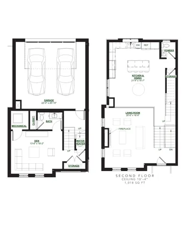 Elegant floor plan with 2-car garage, cozy den, open kitchen and dining area, spacious living room with fireplace, and ample storage. Perfect for modern living.
