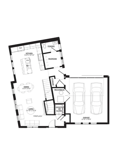 Elegant floor plan showcasing an open kitchen, dining area, cozy living room with fireplace, and a two-car garage.