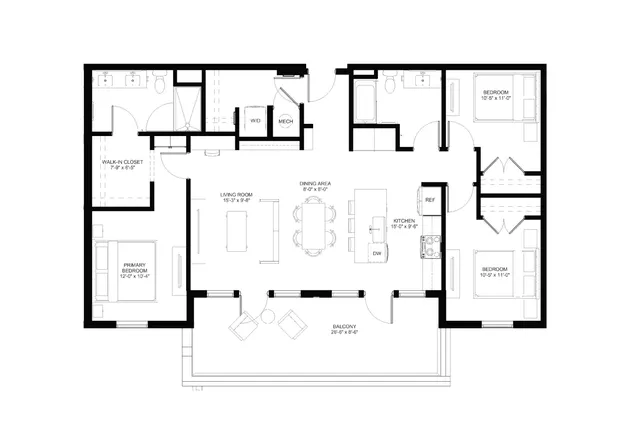 Elegant floor plan showcasing a spacious 3-bedroom apartment with a primary bedroom, open living and dining area, modern kitchen, and expansive balcony.