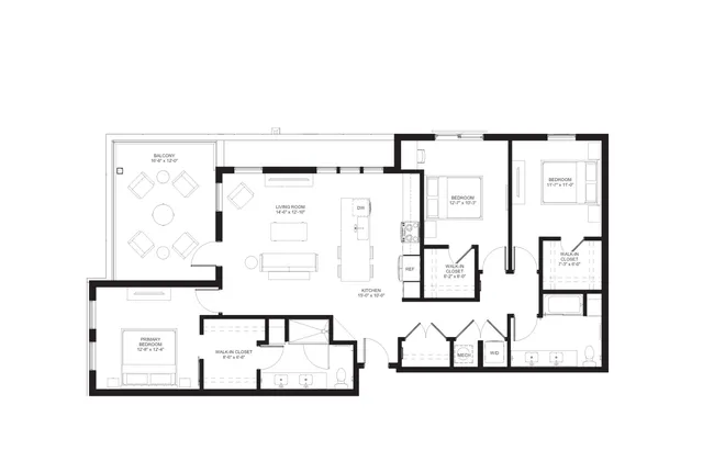 Spacious floor plan showcasing 3 bedrooms, an airy living room, modern kitchen, and expansive balcony.