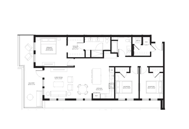 Contemporary floor plan featuring a primary bedroom with walk-in closet, spacious living room, modern kitchen, two additional bedrooms, and an expansive balcony.