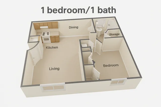 Charming 1 bedroom, 1 bath floor plan showcasing a cozy kitchen and dining area with spacious living room.
