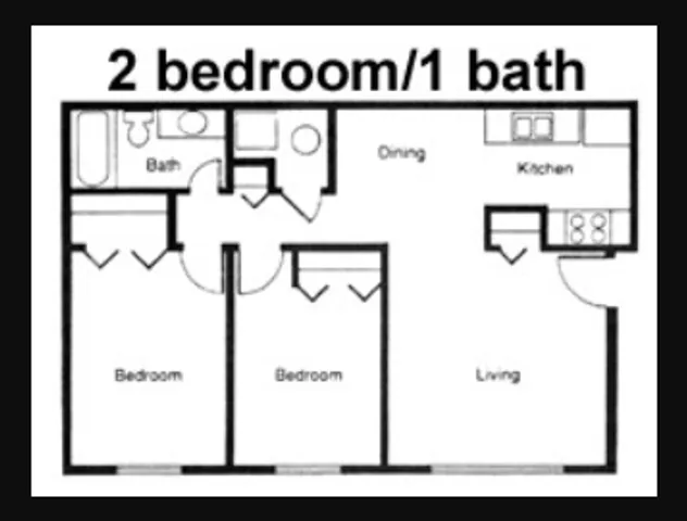 Efficient 2D floor plan featuring 2 cozy bedrooms, a modern kitchen, and a comfortable living-dining area with 1 bathroom.