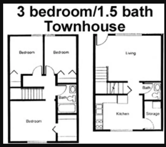 Charming townhouse floor plan with 3 bedrooms, 1.5 baths, spacious living area, and modern kitchen layout.
