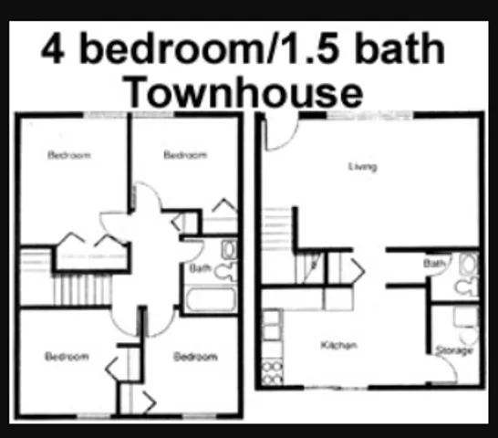 Spacious 4-bedroom, 1.5-bath townhouse floor plan with ample living space and a modern kitchen layout.