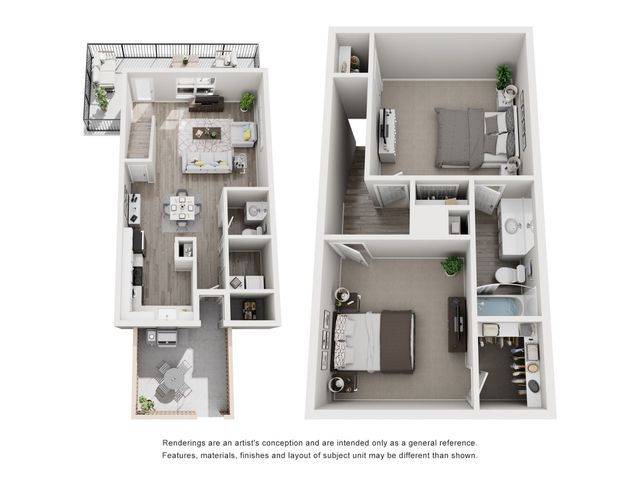 Modern 2D apartment floor plan highlighting 2 spacious bedrooms, an elegant open-plan living area, and a stylish kitchen, complete with private balcony space.