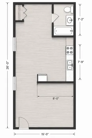 Modern studio floor plan featuring an open living area, compact kitchen, and bathroom, perfect for efficient urban living.