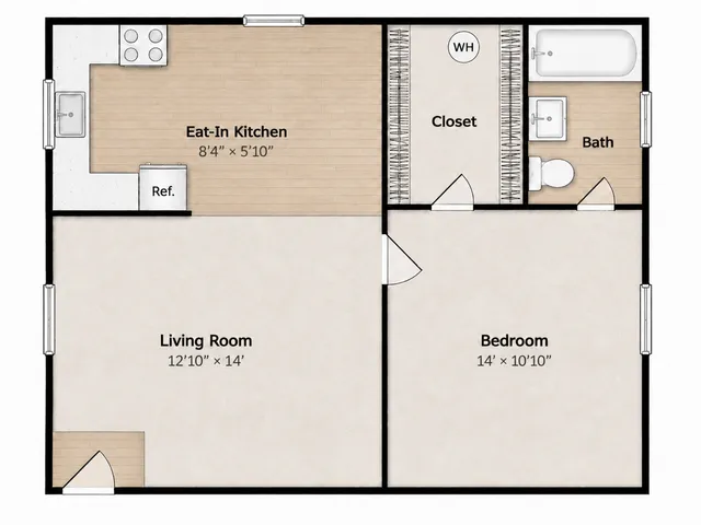 Cozy 1-bedroom apartment floor plan featuring an eat-in kitchen, spacious living room, and well-appointed bathroom with closet space.