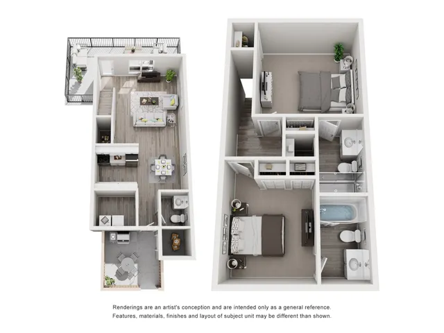 Modern 3D floor plan showcasing a luxurious apartment with two bedrooms, spacious living room, sleek kitchen, and private balcony.