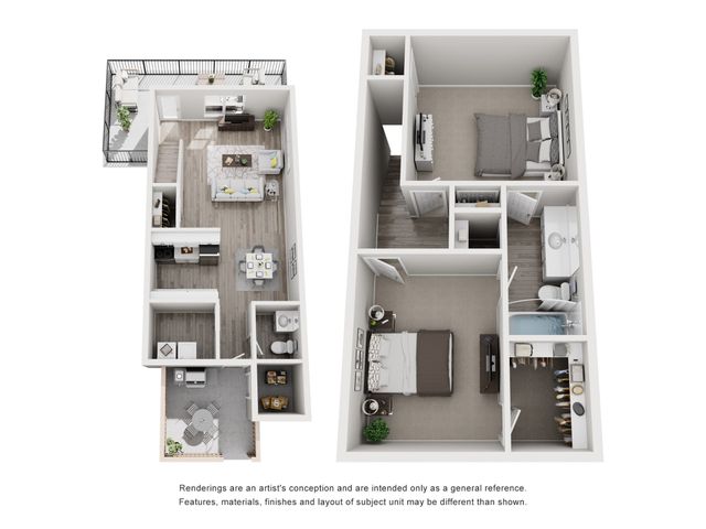 Modern 3D floor plan showcasing 2 bedrooms, open living and dining area, stylish kitchen, two bathrooms, and a spacious balcony.