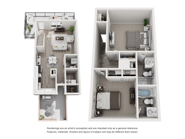 Chic 3D apartment layout featuring two spacious bedrooms, elegant living area, modern kitchen, two bathrooms, and inviting outdoor balconies.