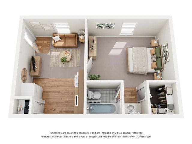 Charming 3D floor plan featuring a cozy one-bedroom suite with an inviting living area, modern kitchen, and stylish bathroom.
