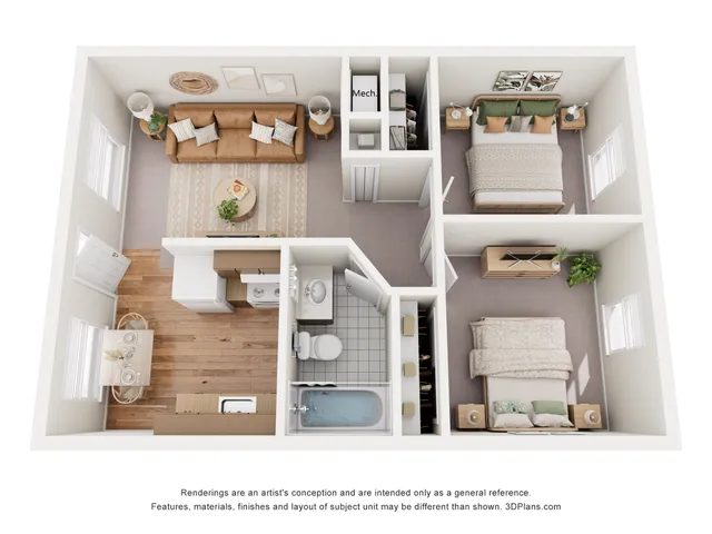 Inviting and modern 2-bedroom apartment layout with open living area, stylish kitchen, and cozy bedrooms featuring abundant natural light.