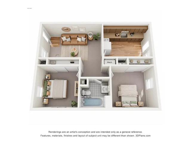 Elegant 3D floor plan featuring 2 cozy bedrooms, a modern kitchen with a breakfast bar, and a welcoming living area. Stylish design with ample natural light.