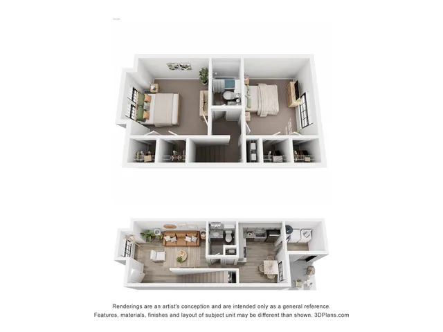 Chic 3D floor plan showcasing a modern two-level apartment with two bedrooms, an open-concept living and dining area, and a sleek kitchen.