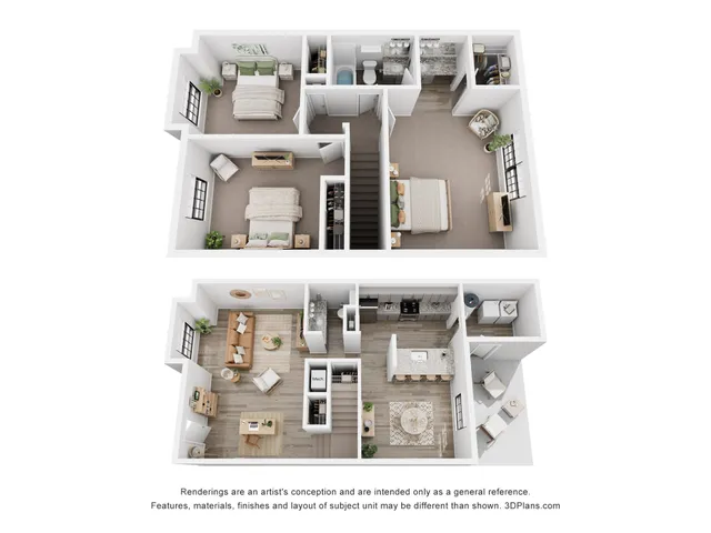 Elegant two-story floor plan showcasing three bedrooms, modern kitchen, and cozy living area with abundant natural light.