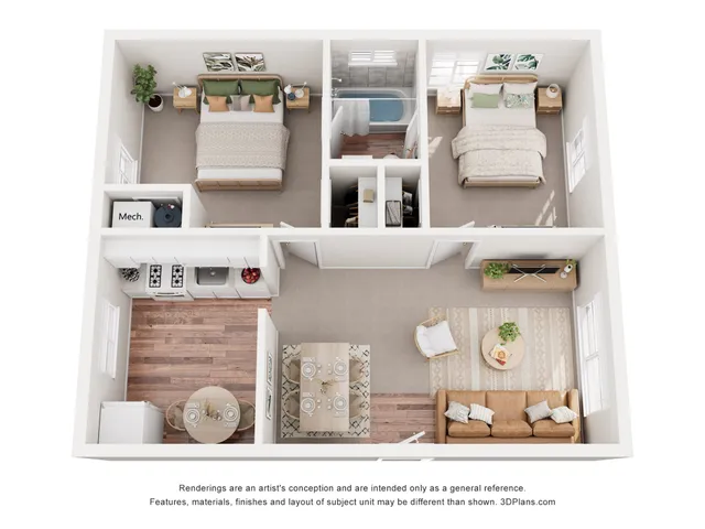 Modern 3D floor plan showcasing two inviting bedrooms, a cozy living room, and a well-equipped kitchen, perfect for comfortable living.