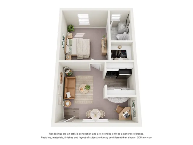Elegant 1-bedroom apartment floor plan featuring a cozy living room, modern kitchen, and a stylish bathroom.