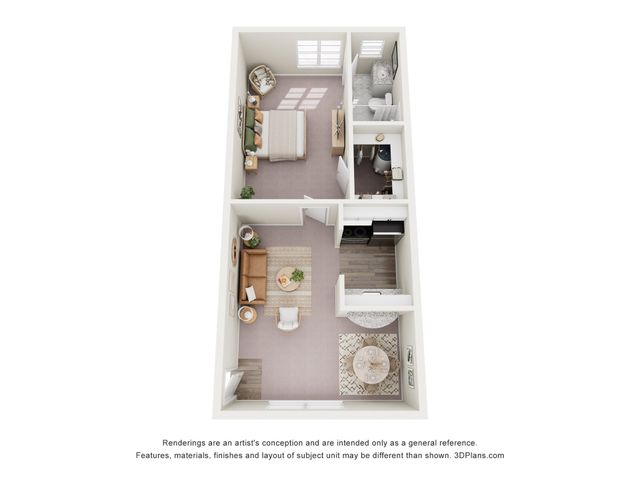 Cozy 3D floor plan featuring a spacious bedroom, stylish living area, and modern kitchen with a breakfast nook.