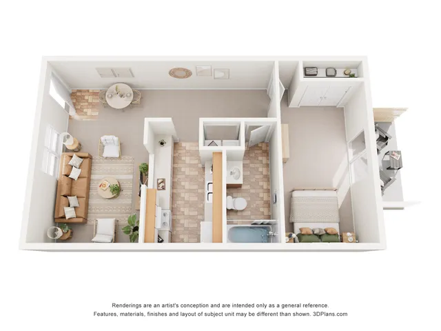 Modern open-concept apartment floor plan featuring a cozy living area, stylish kitchen, one bedroom, a bathroom, and spacious balcony access.
