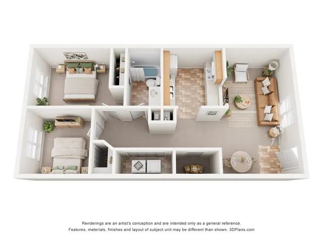Charming 3D floor plan showcasing 2 bedrooms, cozy living area, functional kitchen, and elegant dining space.