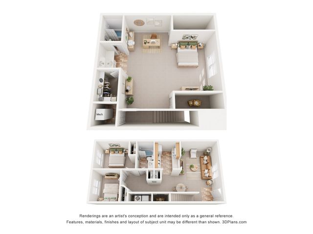 Elegant two-story floor plan featuring three bedrooms, modern kitchen, inviting living room, and spacious dining area with abundant natural light.