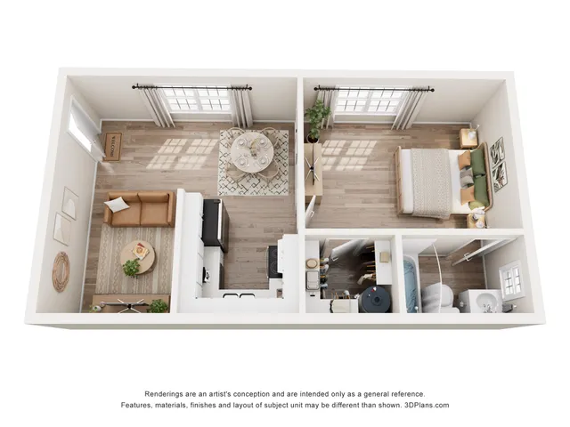 Charming 1-bedroom apartment layout featuring a cozy living area, modern kitchen, and elegant dining space with natural lighting.