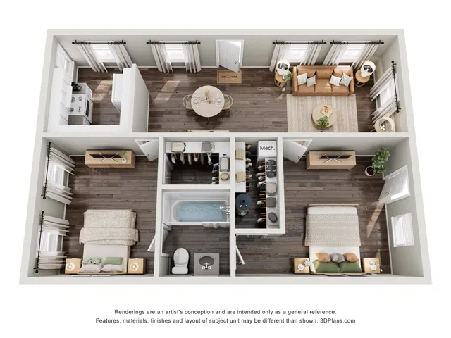 Modern 3D floor plan displaying 2 spacious bedrooms, an inviting living room, stylish kitchen, and elegant dining area with natural light accents.