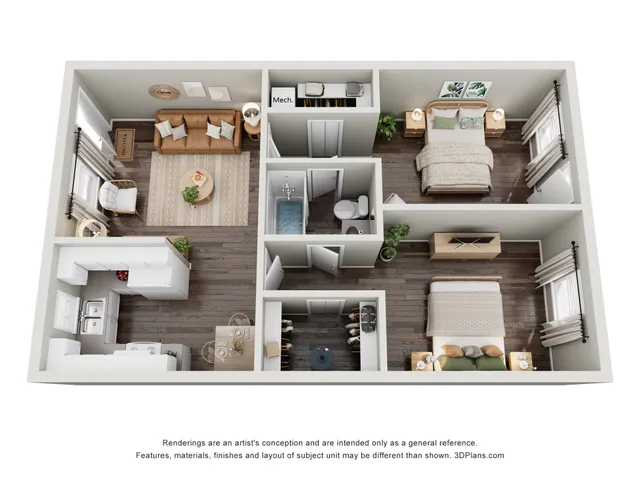 Charming 3D apartment floor plan showcasing two cozy bedrooms, inviting living area, modern kitchen, and sleek bathroom layout.