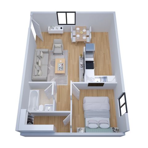 Charming 3D floor plan showcasing a cozy one-bedroom apartment with an inviting living area, sleek kitchen, and modern bathroom.