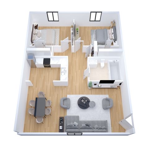 Modern 3D apartment floor plan showcasing 2 spacious bedrooms, a sleek kitchen, elegant dining area, and a cozy living room.