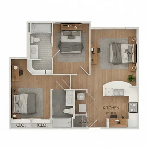 Elegant floor plans for Unit B2. Unit B1 features a modern living/dining area with a spacious bedroom and walk-in closet. Unit B2 offers two cozy bedrooms, an open-concept kitchen, and a stylish living area. Perfect for contemporary living.