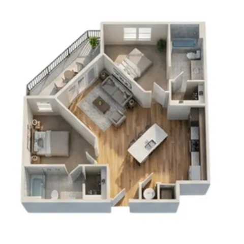 Elegant 3D floor plan showcasing two bedrooms, an open-concept living and dining area, and a modern kitchen with an island, featuring wood flooring and natural light throughout.
