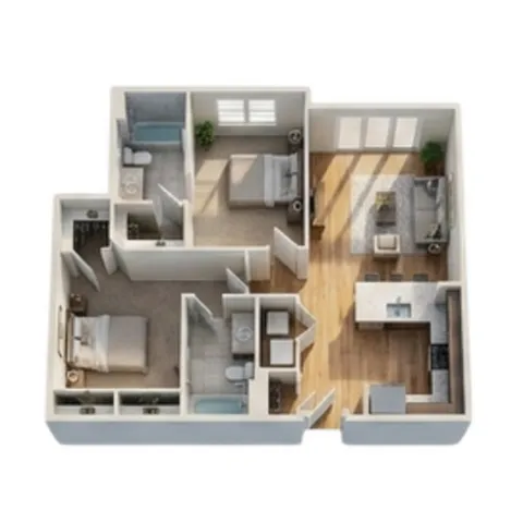 Charming 3D floor plan showcasing 2 bedrooms, 2 bathrooms, and a sunlit open-concept living area with modern kitchen.