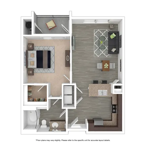 Modern floor plan showcasing a spacious 1-bedroom layout with open-concept living and dining area, sleek kitchen, and private balcony.