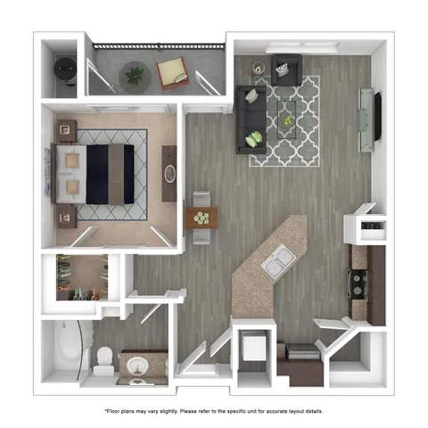 Modern 3D floor plan showcasing a single bedroom, inviting living area, stylish kitchen with island, cozy balcony, and elegant bathroom.