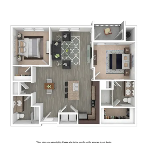 Modern 2D floor plan featuring 2 spacious bedrooms, an open-concept living and dining area, sleek kitchen with island, and two full bathrooms. Includes a cozy balcony and ample storage space.