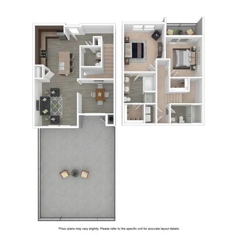 Modern 2-story floor plan with 2 bedrooms, airy open-concept living space, sleek kitchen, and spacious patio for outdoor enjoyment.