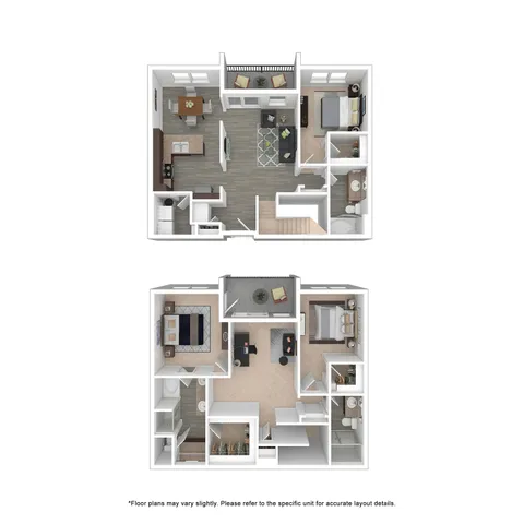 Contemporary two-story floor plan featuring a spacious living area, two bedrooms, balconies, and modern kitchen design.