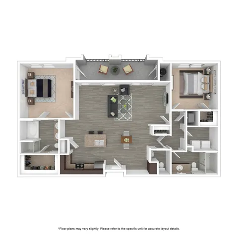 Chic 2D floor plan showcasing 2 bedrooms, open-concept living and dining area, modern kitchen, and private balcony.