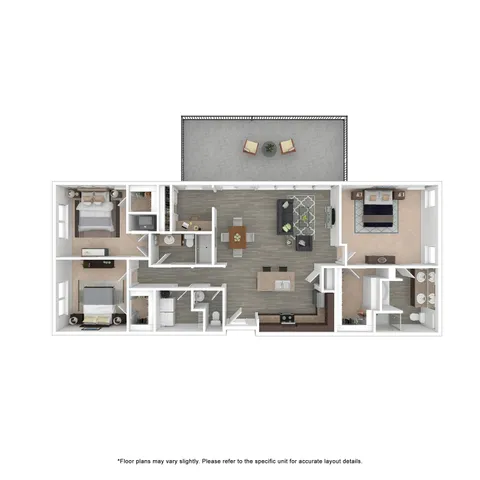Modern apartment floor plan showcasing a spacious layout with three bedrooms, an open-concept living and dining area, sleek kitchen, and a stylish balcony for outdoor relaxation.