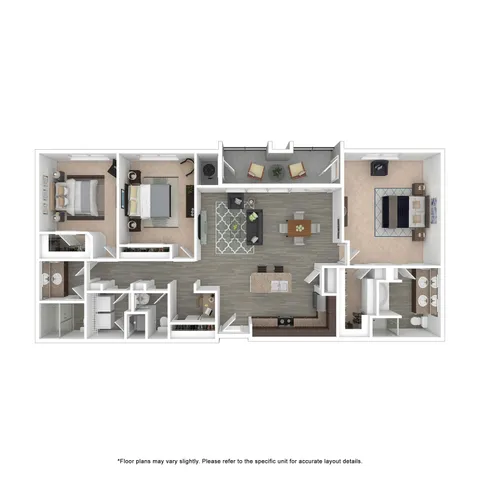 Modern floor plan showcasing 3 spacious bedrooms, a stylish open living area, and a contemporary kitchen with a central island.