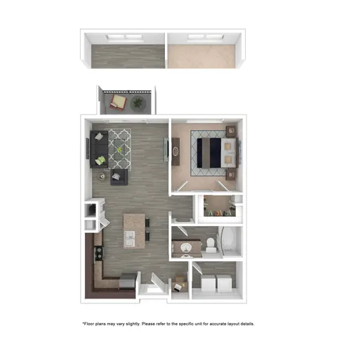 Elegant apartment floor plan featuring a spacious bedroom, open-concept living and dining area, modern kitchen, and inviting balcony.