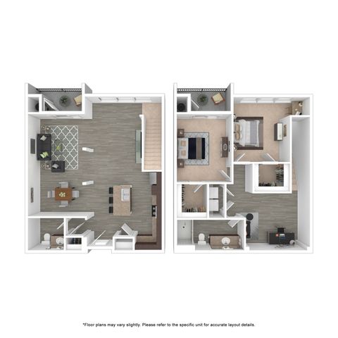 Modern 3D floor plan showcasing a spacious two-story apartment with open-concept living and dining area, sleek kitchen, two bedrooms, and home office space.